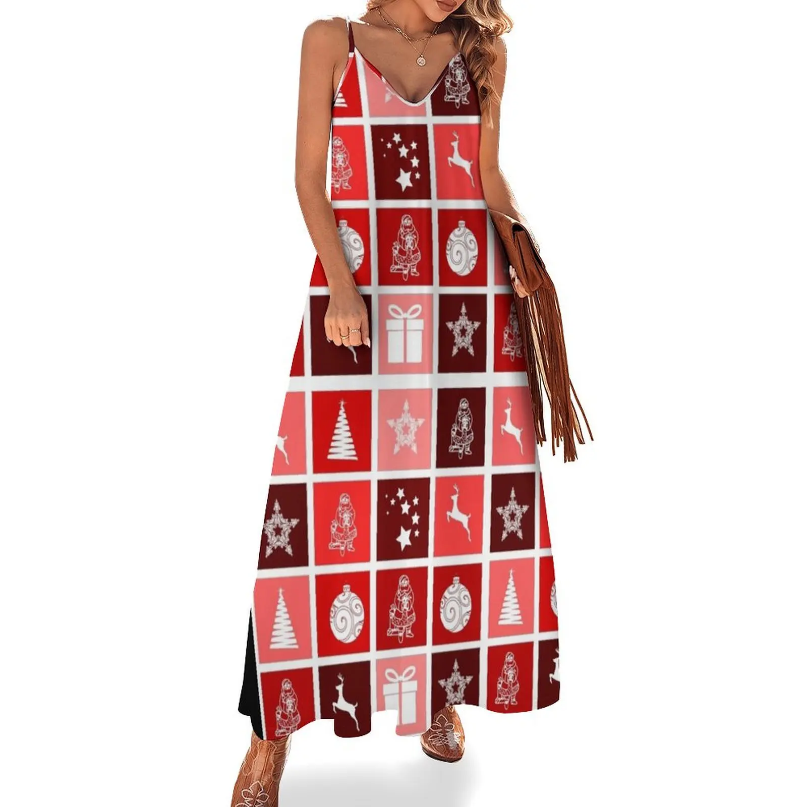 Christmas multi blocks pattern; colorful seasonal images Sleeveless Long Dress Womens dresses Clothing female beach dress Dress