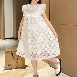 Spring and Summer Girls' New Pearl Mesh Lace Sleeveless Sweet and Cute Princess Dress Wedding Flower Girl Birthday Party Dress