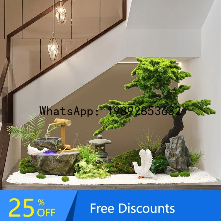

CZ Indoor Landscape Decoration Piece with Recirculating Water Courtyard Tea Room Welcoming Pine Green Plant Flowing Water