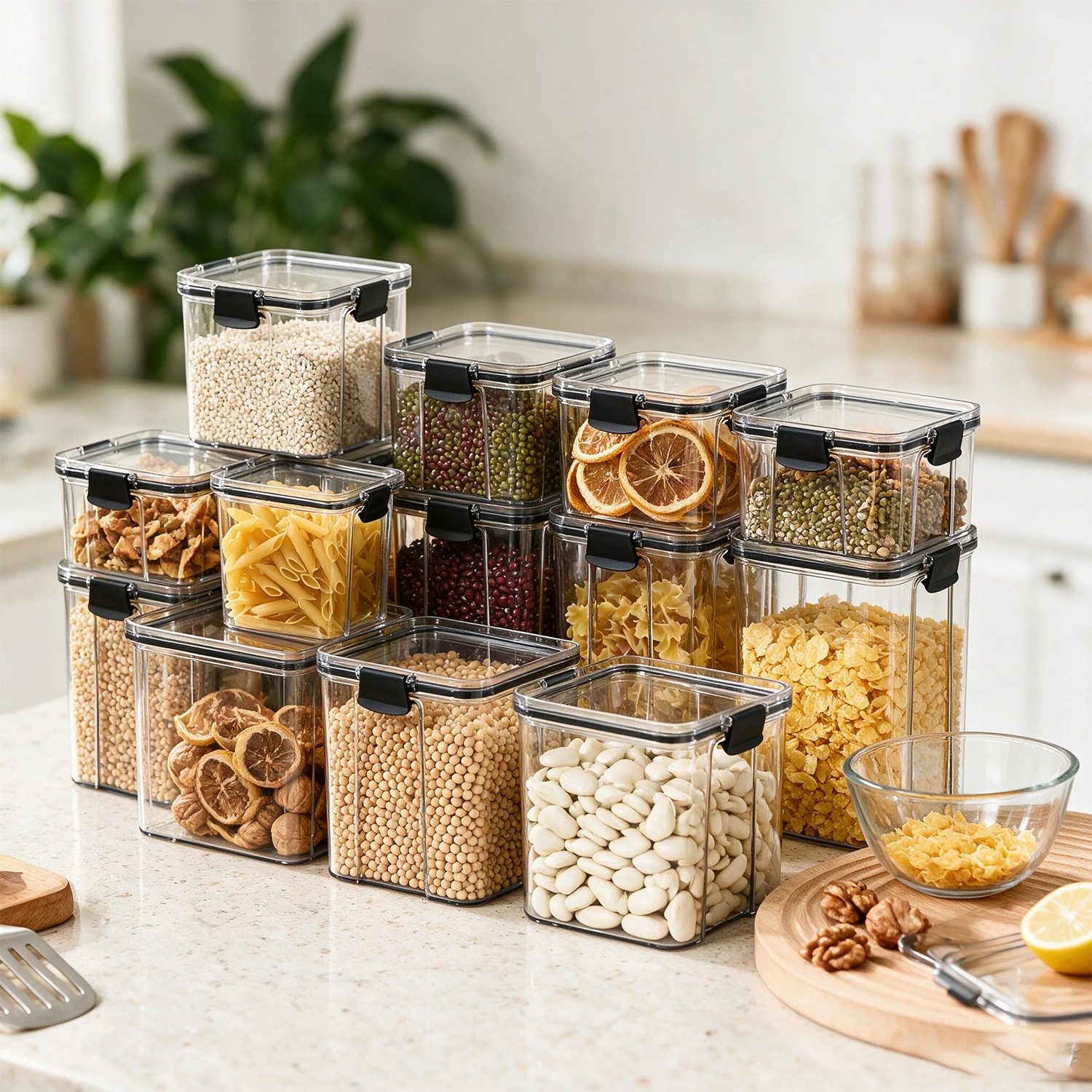 Airtight Plastic Food Storage Containers, Stackable Clear Pantry Organizer Box for Seasoning Cereal Grain Snack Pasta for  ﻿