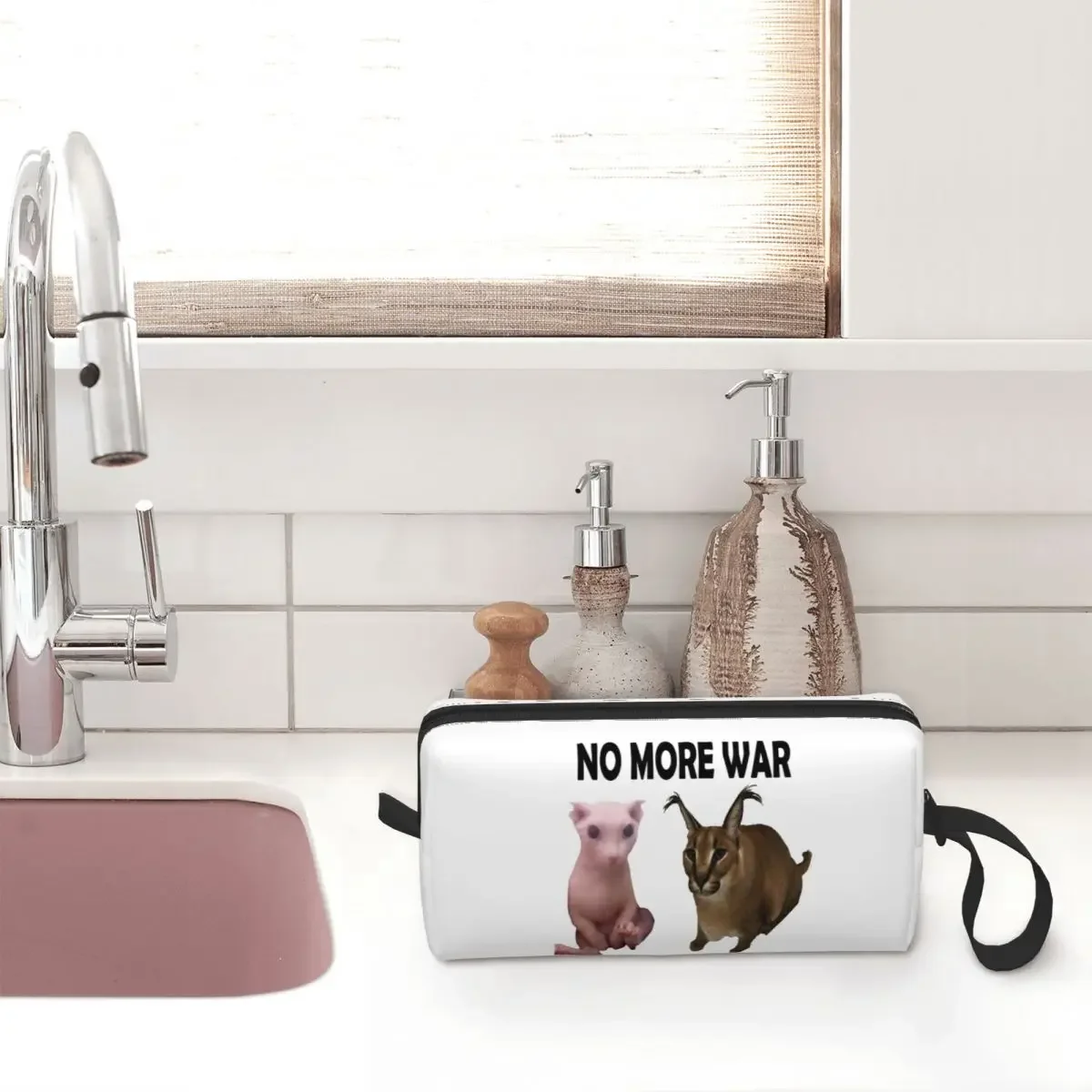 No More War Big Floppa And Bingus Makeup Bag Women Travel Cosmetic Organizer Kawaii Funny Cat Meme Storage Toiletry Bags