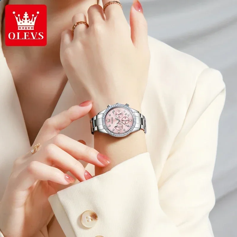 OLEVS-Relógio Original de Luxo Feminino, Bracelete Inoxidável, Luminoso, Impermeável, Data Automática, Diamante, Relógio de Pulso Lady Quartz