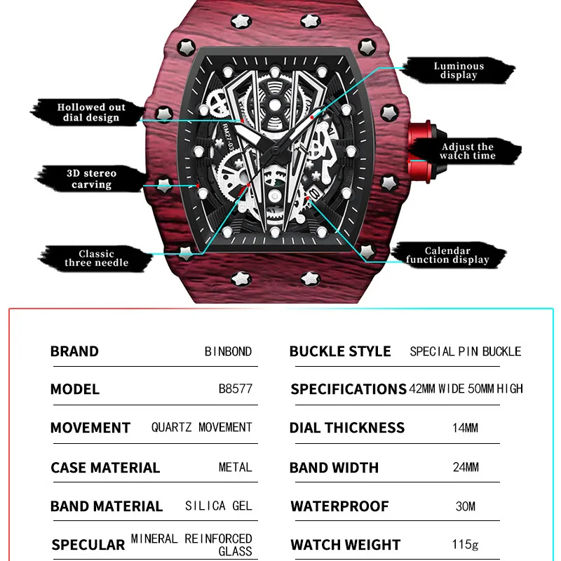 Dropshipping Tonneau Big Watches For Men Fashion Sport Red Rubber Strap Wristwatch Cool Waterproof Skeleton Watch Best Gift 2023