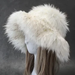 Women Luxury Fluffy Faux Fur Bucket Hats Retro Plush Warm Oversize Y2K Fisherman Hat Thickened Imitation Raccoon Fur Winter Hat