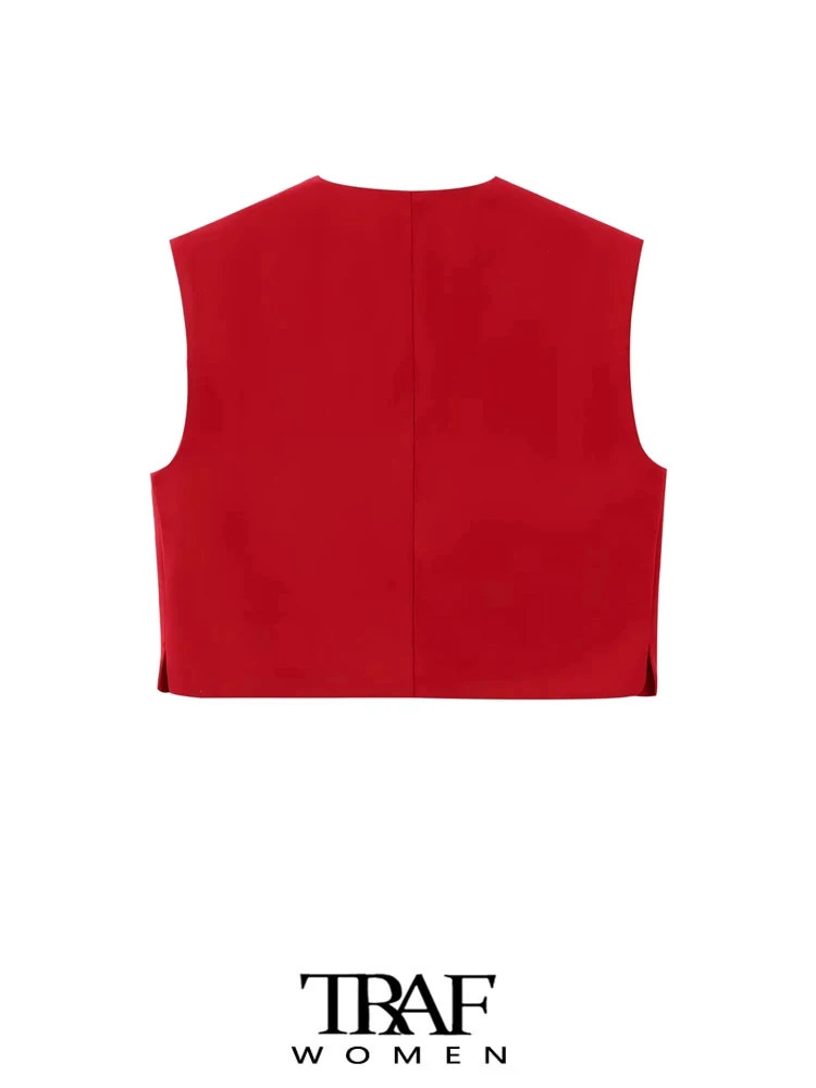 TRAF-Front Button Cropped Waistcoat for Women, O Neck, Sleeveless, Female Outerwear, Chic Tops, Fashion