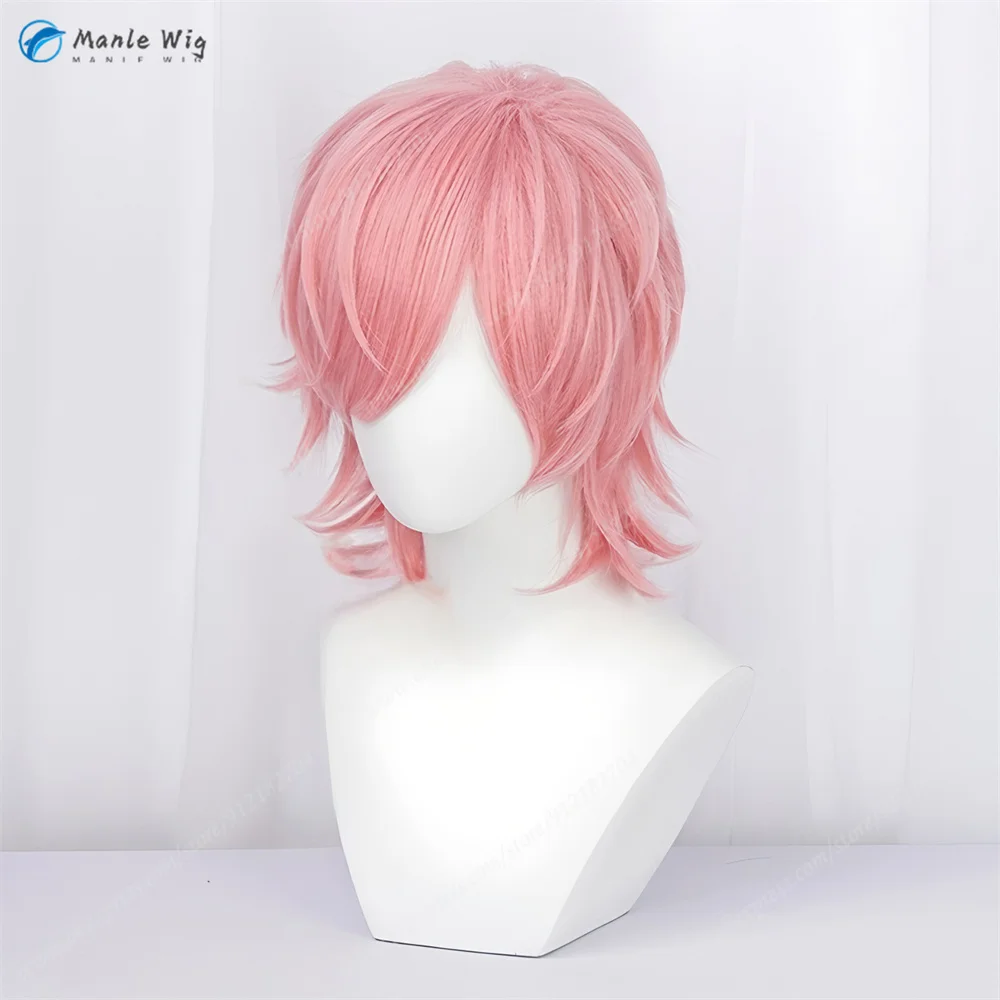Wig Cosplay Ayato Yuri 40Cm Wig Keriting Merah Muda untuk Pria Kostum Cosplay Wig Anime Rambut Sintetis Tahan Panas Halloween + Topi Wig