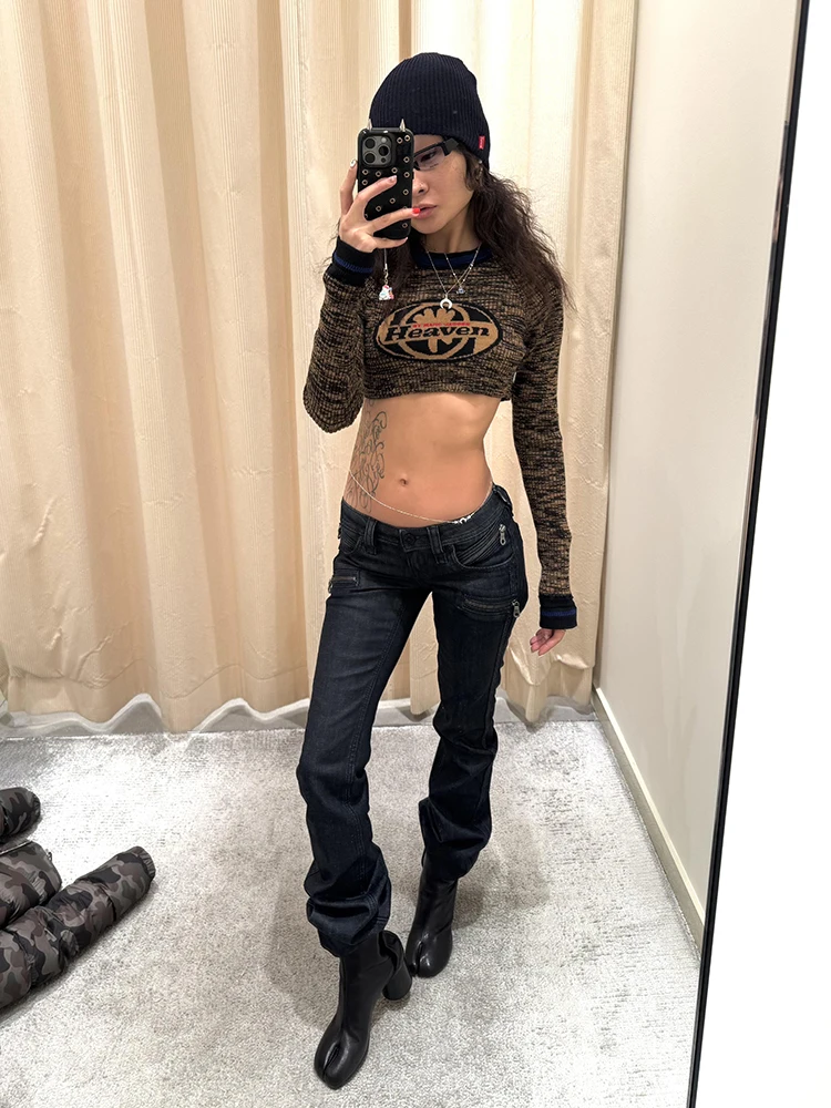 REDDACHiC Low Waist Tight Jeans Harajuku Vintage Zipper Decor Pockets Stretchy Denim Flared Pants Gyaru Y2k Women Streetwear