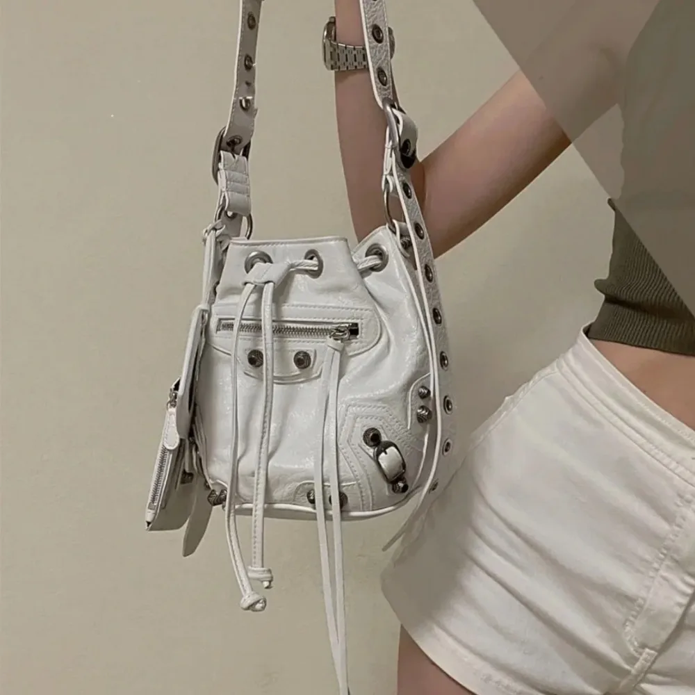 New Pleated Cowhide Drawstring Bucket Bag Three-in-one Rivet Locomotive Bag Fashion Texture Unique Trend Shoulder Messenger