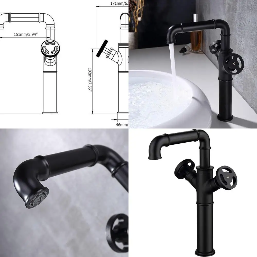 

Matte Black 1-Hole 2-Handle Solid Brass Industrial Style Bathroom Vessel Sink Faucet