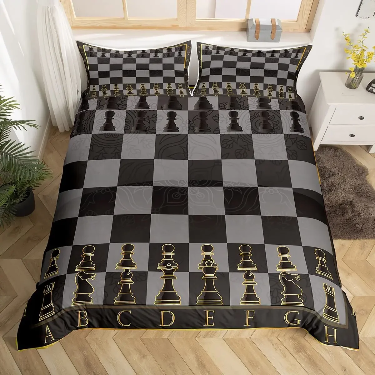 Chess Duvet Cover Set Chess Sports Games Bedding Sets Buffalo Plaid Check Comforter Cover Flowers Checkerboard Quilt Cover Queen