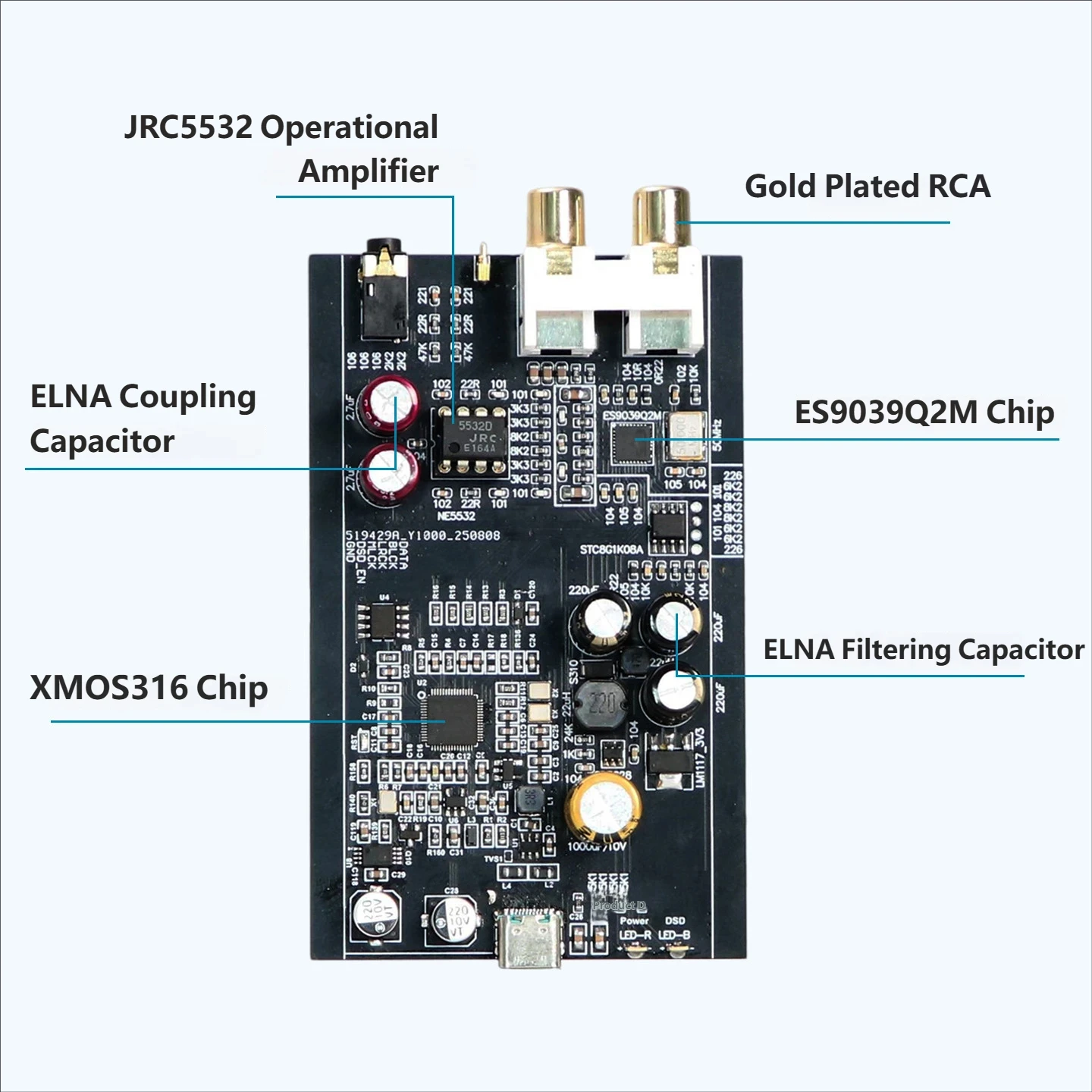Immagine 3: YJCO Decoder HiFi ES9039Q2M Interfaccia Digitale XMOS XU316 DAC Audio USB DSD512 PCM 24BIT 768K