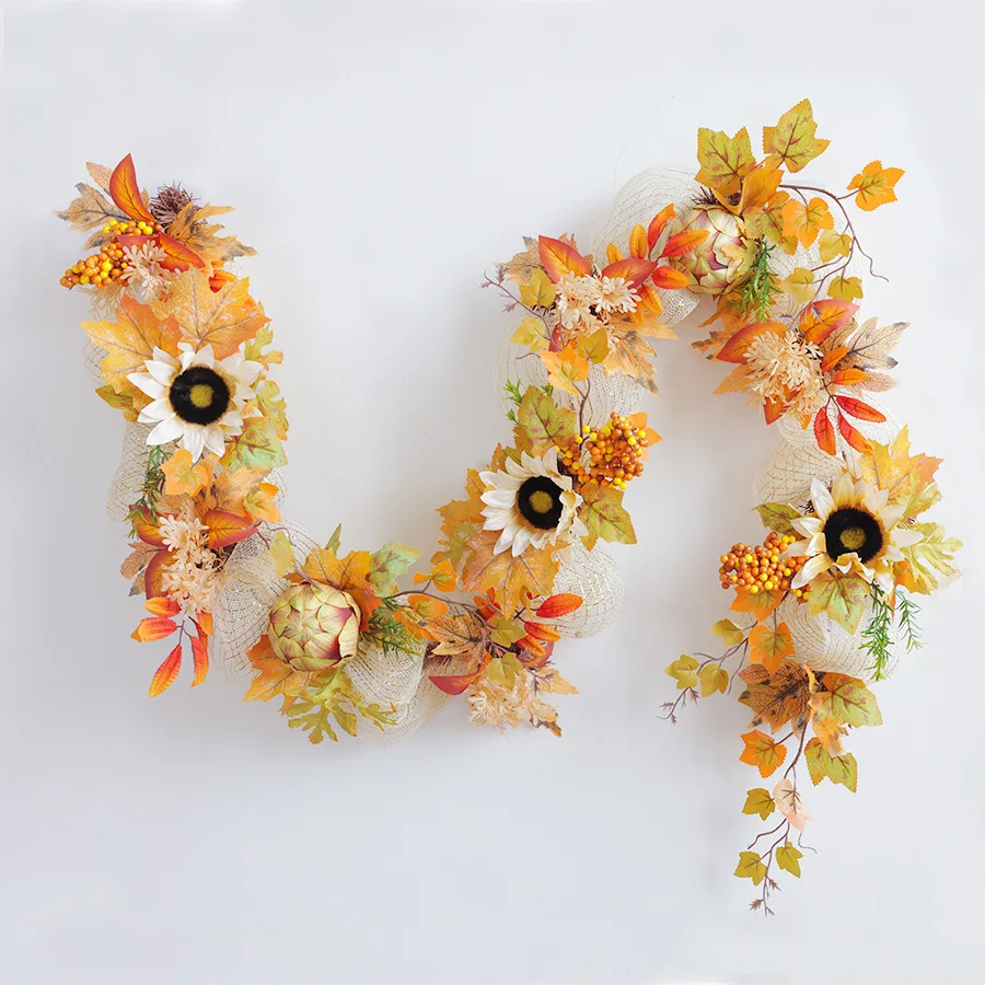 Cross-border wholesale rattan upside-down tree, new autumn color sun wreath style mesh pumpkin pine cone, Europe and America view 5