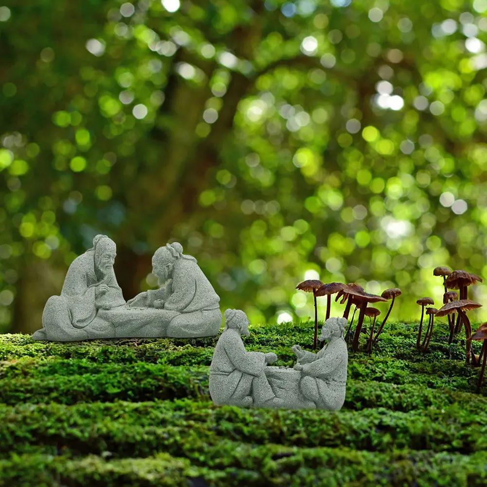 2Pcs Sandstone Chinese Elder Statue Set Exquisite Hand-Carved Zen Decor for Home Desktop Garden Living Room Office Decorative