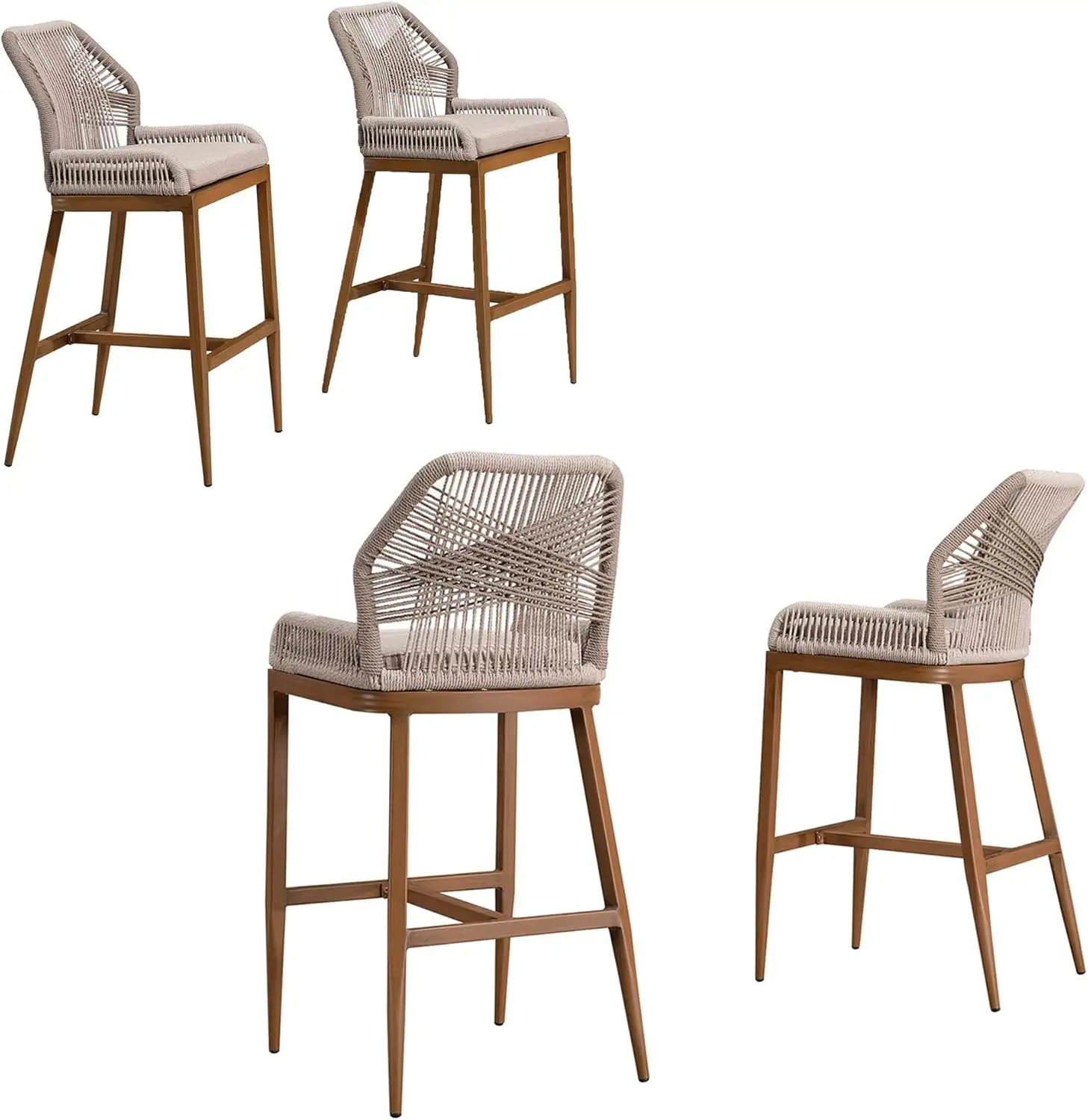 Counter Height Bar Stools Set of 4 Rattan Chair Boho Wicker Metal Counter Stools with Back and Footrest