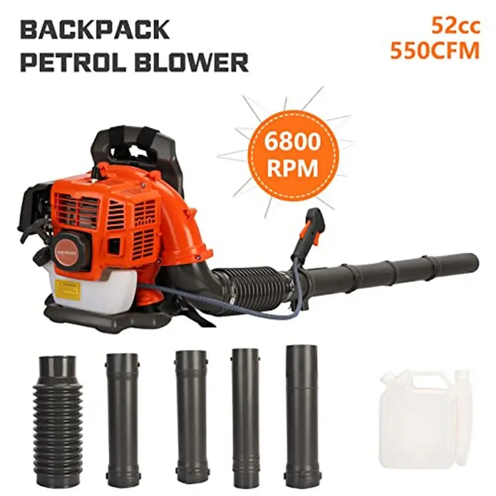 Gas Powered Backpack Leaf Blower 52CC 550CFM 3HP 2 Stroke Grass Lawn Air Cooling Gasoline Blower with Cleaning Kits 6800r/min