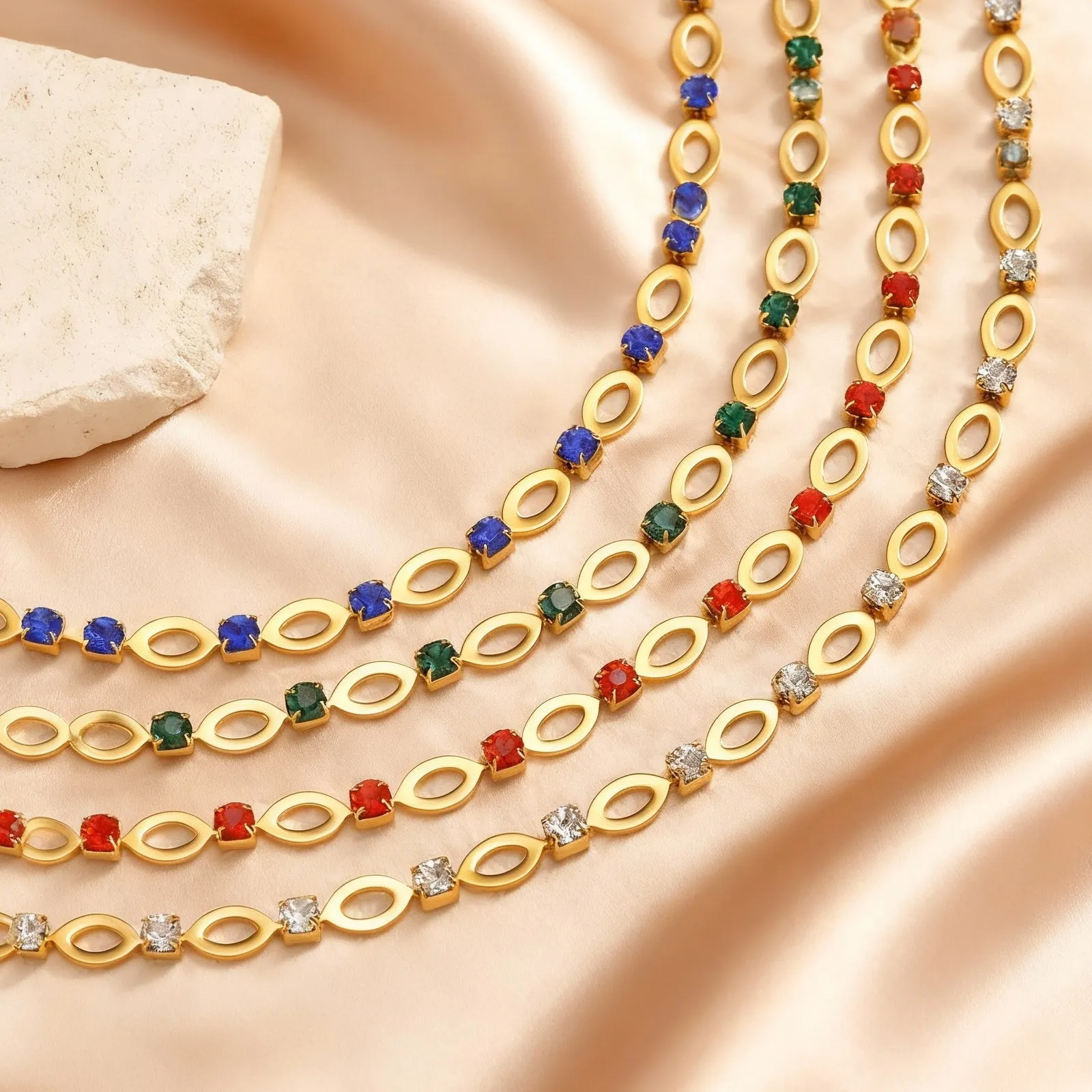 Hohle ovale Halskette aus Edelstahl für Damen, blau/grün/rot, Zirkon, verstellbare Kette, böhmischer Statement-Schmuck, Geschenke – Detail 5