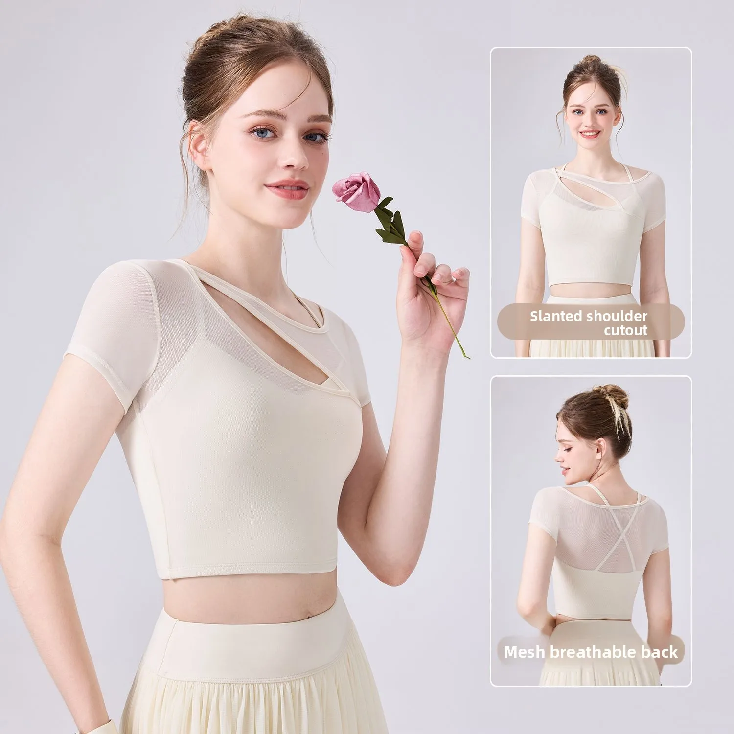 

Women's New Irregular Slanted Shoulder Hollow Sports Vest Breathable Mesh Short-Sleeved Running Fitness Top Cool Feeling