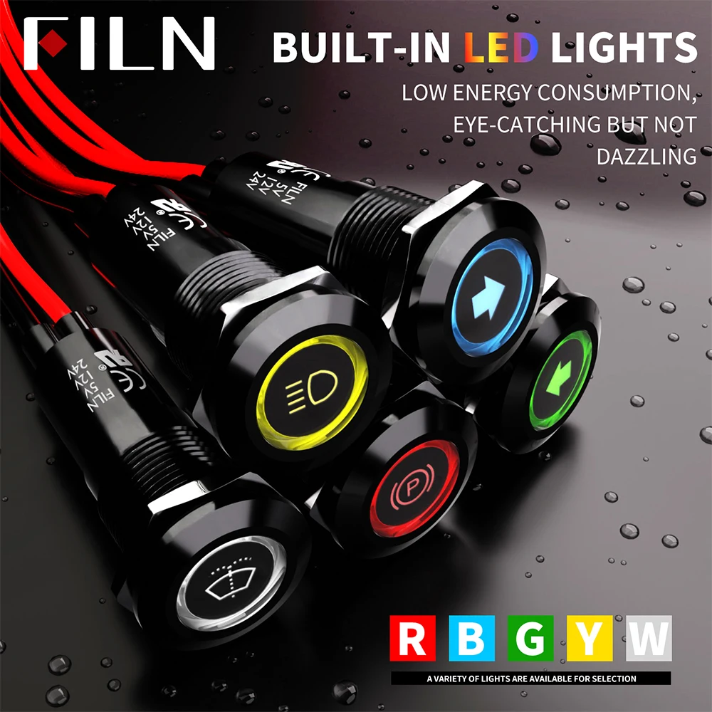 

FILN 2-Unit Set 12mm Aluminum Metal Indicator IP67 Waterproof Dash Pilot Light with Wire Car Dashboard Replaceable Symbol Caps