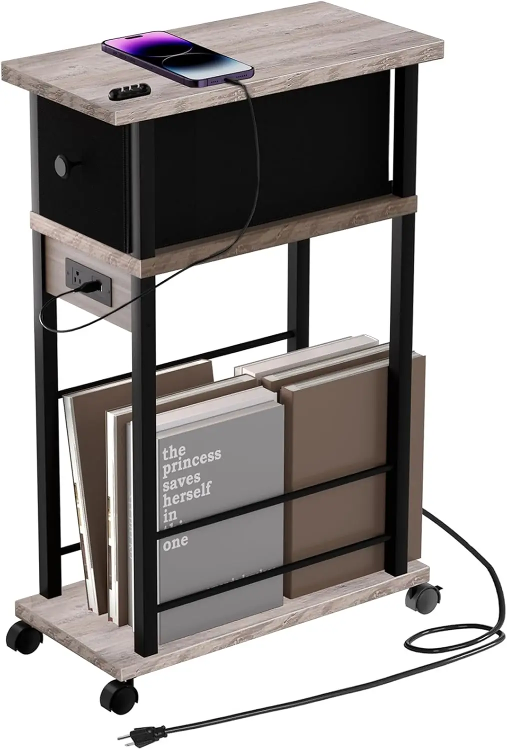 

Side Table with Charging Station and Drawer, Narrow End Table with USB Ports and Outlets for Small Space, Living Room, B