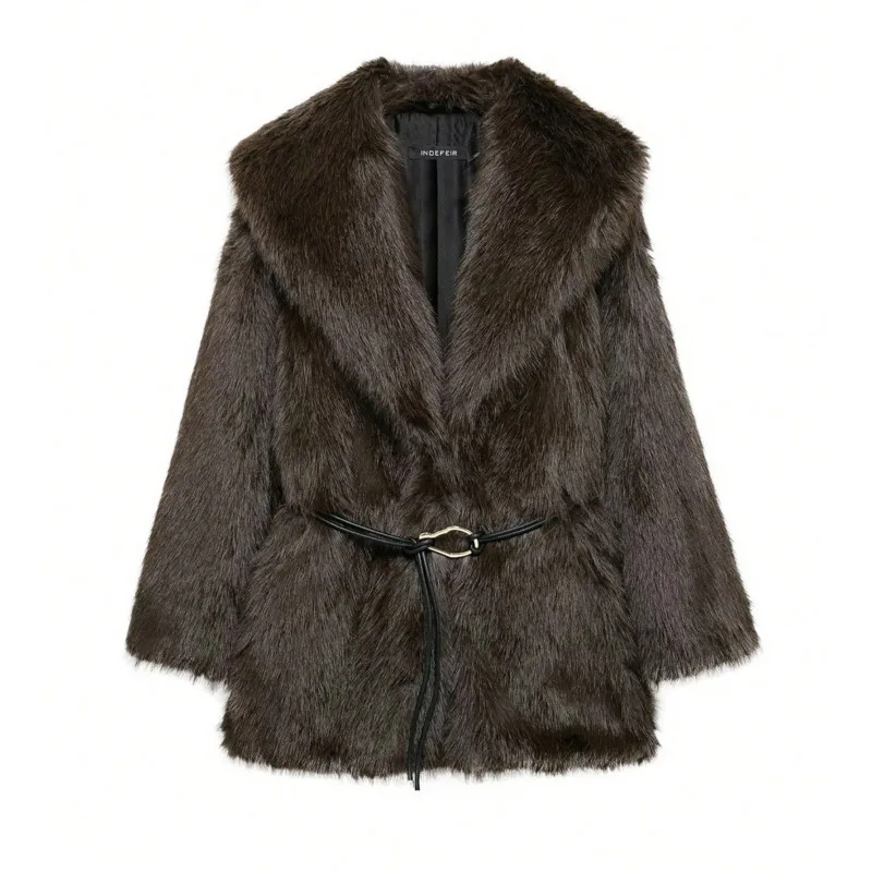 EAEOVNI خمر الشتاء الفراء سترة معطف المرأة موضة التلبيب حزام تجمع الخصر الملابس الدافئة الخريف الشتاء ملابس خارجية جديدة #5