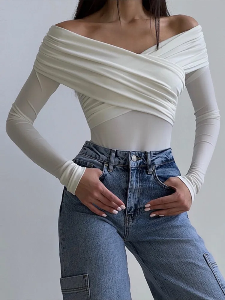 

Sexy Slim Women's Clothing Long-sleeved Jumpsuit Solid Color Top Bodycon one Line Neck Simple Style All-match Vacation Trendy