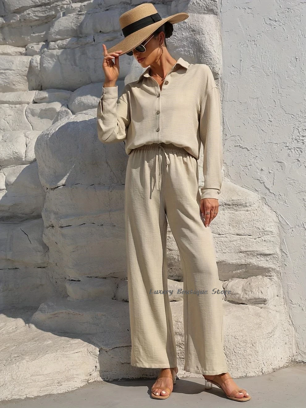 

Spring Summer Long Sleeve Shirts And Wide Leg Pant Sets Loose Casual Solid Women Blouse Loose Trouser Fashion Women Outfits 2pc