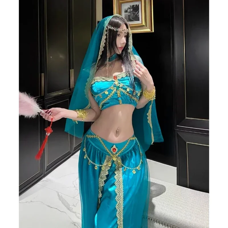 Cosplay Festival di Halloween Cosplay arabo Principessa Jasmine Costume BellyDance Velo indiano di Bollywood Top Pantaloni Up Regina egiziana