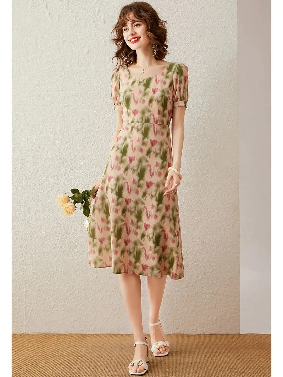 LOUIS YAO Women Dress 2024 Summer Square Neck Short Sleeve Slim Fit A-LINE Elegant Fashionable Print Floral Dress for Women