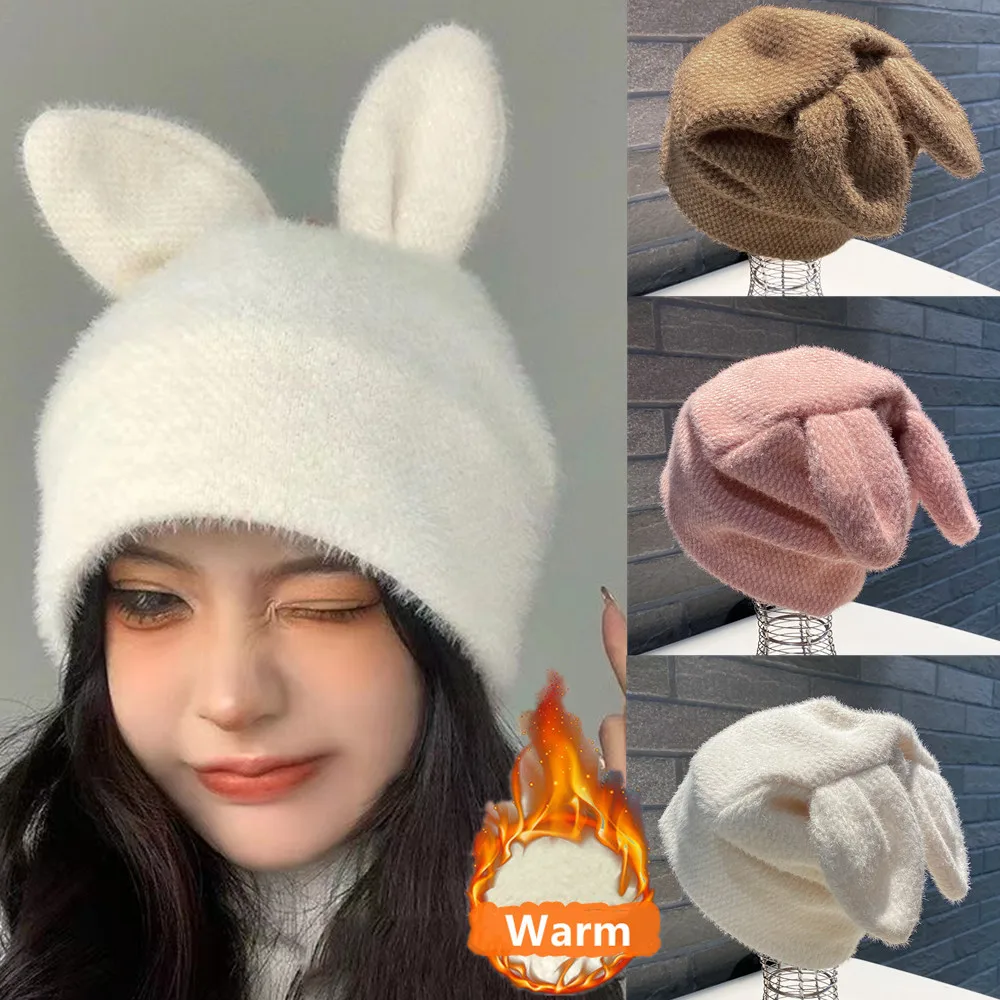 Cute Rabbit Ears Knitted Hats For Women Autumn Winter Warm Panama Soft Rabbit Fur Beanie Cap Girls Ski Hat Easter Bonus Gifts