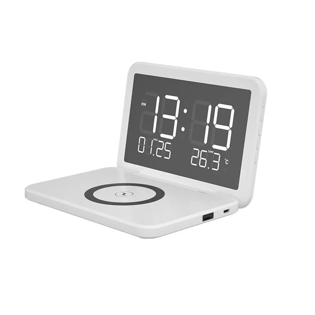 

Wireless Charger Foldable Mirror Digital LED Alarm Clock Phone Wireless Charging Stand Perpetual Calendars Thermometer