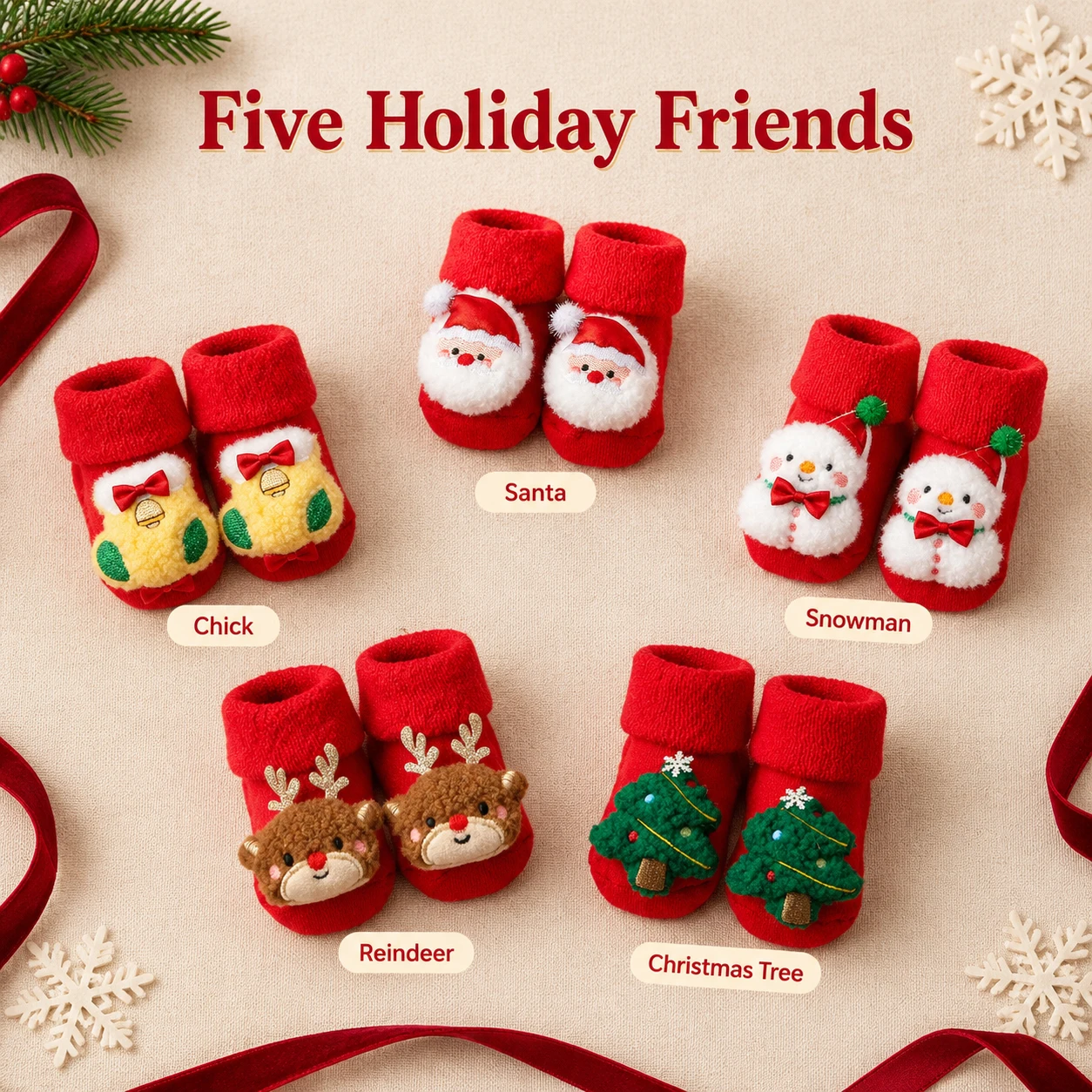 Baby Christmas Anti Slip Socks 5 Styles 3D Cartoon Santa Reindeer Snowman Tree Bell Knit Floor Socks Toddler Xmas Gift