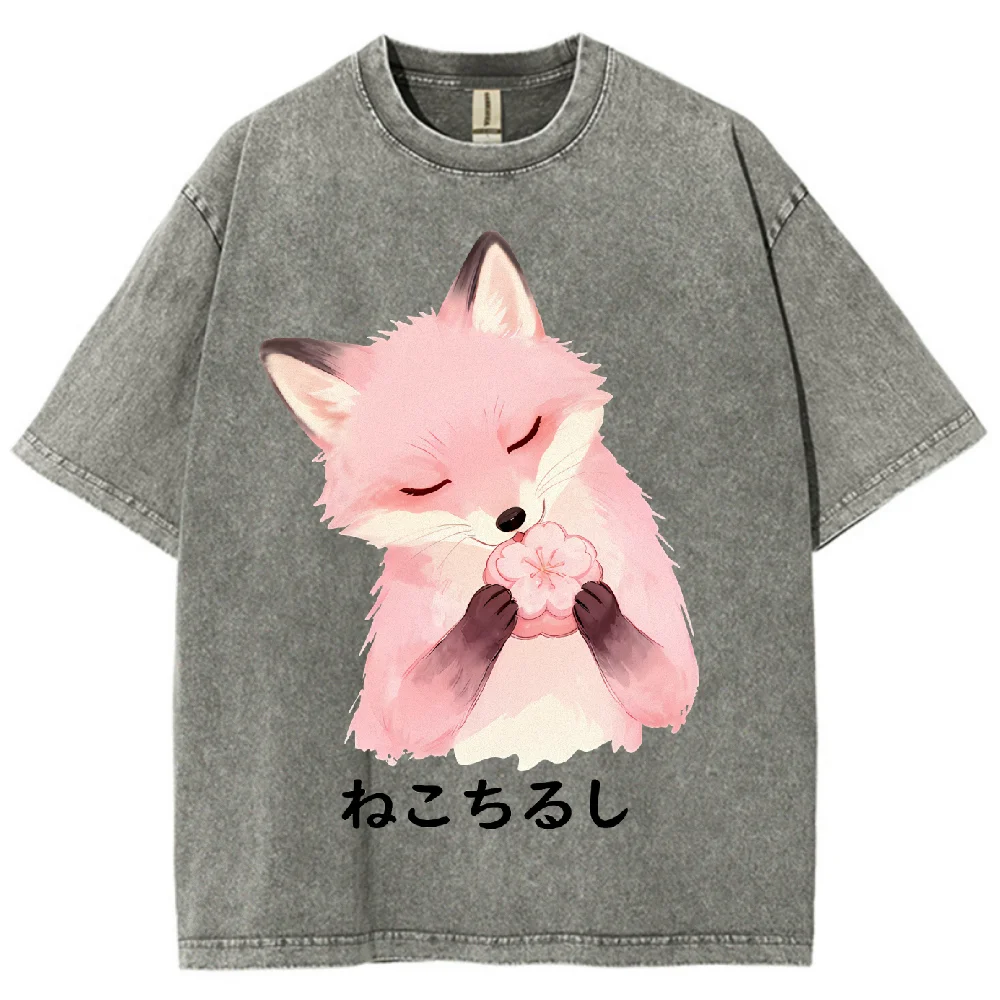 

Fox Graphic T Shirt Oversized Unisex Vintage Washed Cotton Tee Casual Short Sleeve Pullover Streetwear Harajuku Fashion Comforta