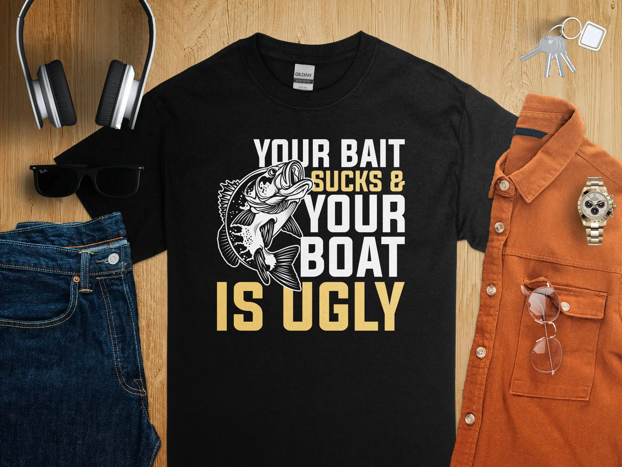 Funny Fishing T Shirt Your Bait Sucks and Boat is Ugly Angler Fisherman Sarcastic