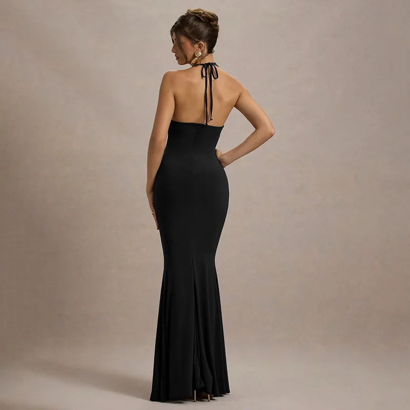 適切-花柄の装飾ドレス,無地,首に掛ける,ホルター,プリーツ,不規則,リボン,セクシー,ホルター,サイドスリット