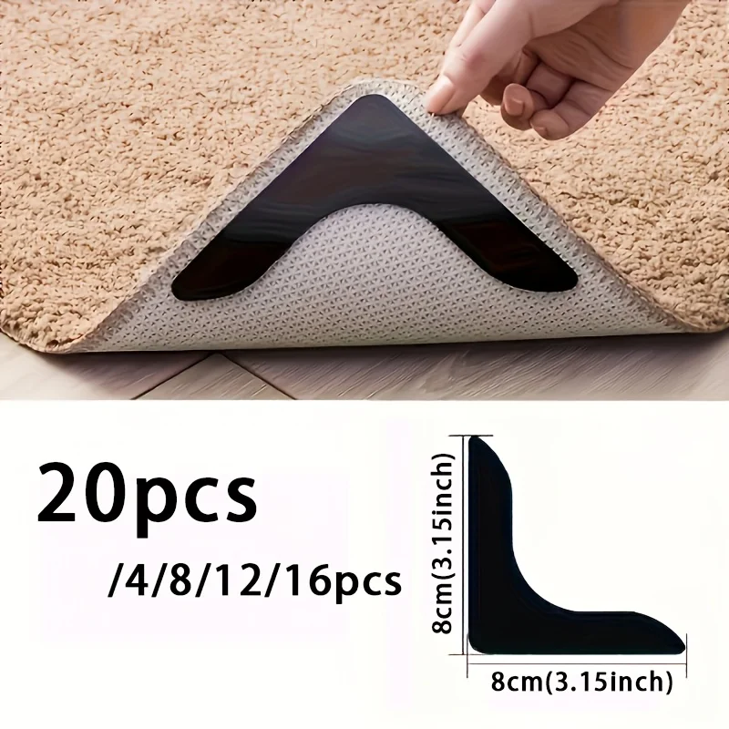 4/8/12/16pcs Rug Gripper Anti‑Slip Carpet Corner Stickers 8cm(3.15inch), Reusable Non‑Curling Mat Tape for Floor Rugs.