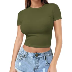 Women's Crop Tops Army Green White T-shirt Spicy Girl Summer Pullover Crop Top Thin Cut Round Neck Milk Silk Short Sleeved Shirt