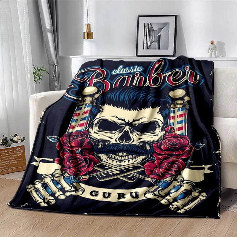 3D Barber Shop Skull Vintage Sign Blanket,Soft Throw Blanket for Home Bedroom Bed Sofa Picnic Travel Office Cover Blanket Kids