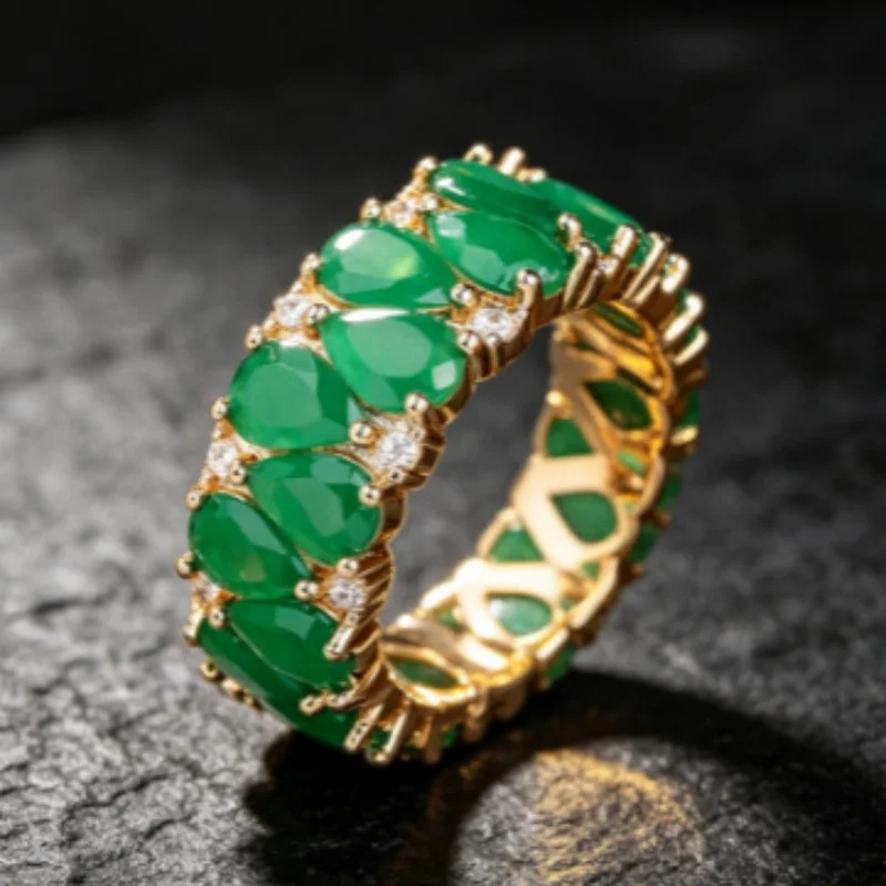 2026 European and American Grandmother Green Water Drop Ring Retro Light Luxury Elegant Personality Trendy Accessories
