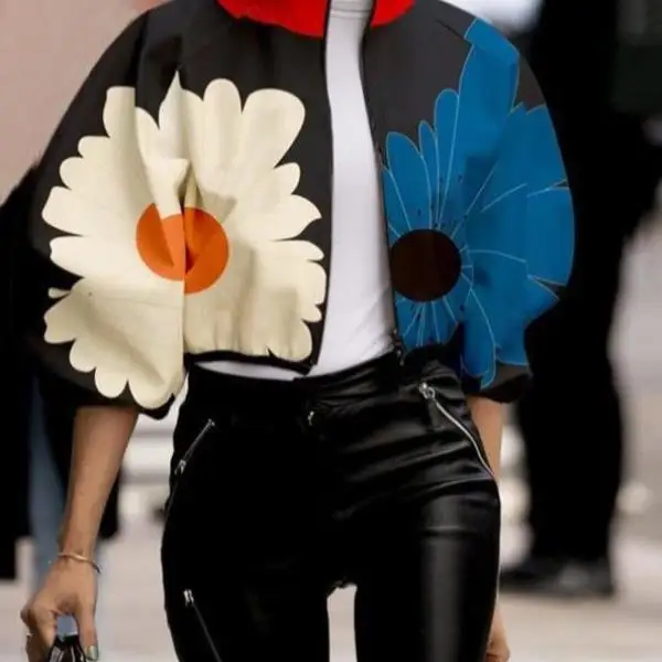 

ex Floral Print Zipper Cover up Windbreaker PU Leather Thin Nine Sve Ladies Ciwalk Faion Windproof Non-fading