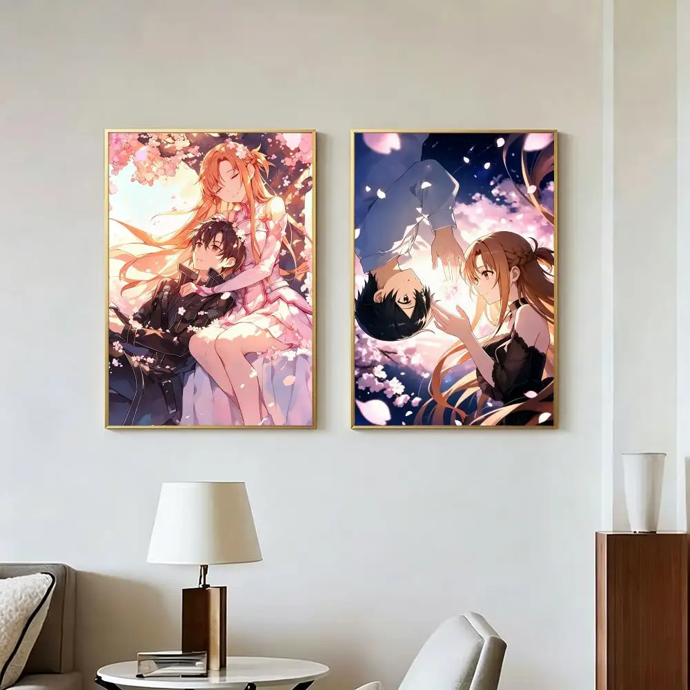 Anime S-Kirito Asuna Sword Art Poster Peel And Stick Wall Art Self Adhesive PP Waterproof Wall Decor Living Room Bedroom Gift