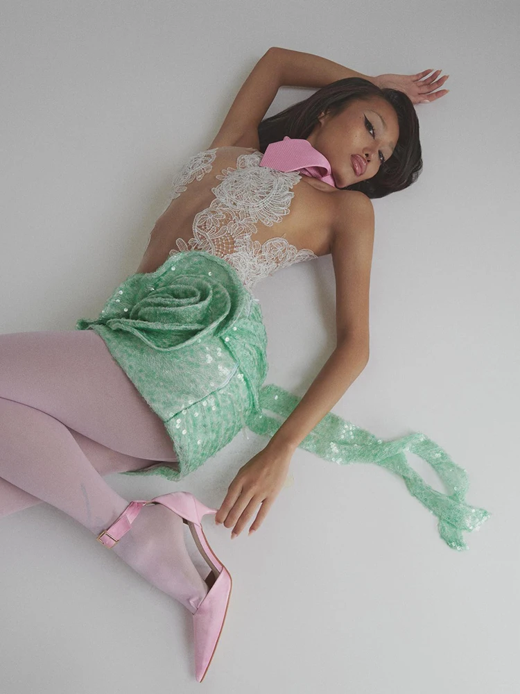 VC Sheer Mesh Floral Embroidered Sequined Draped Mini Dress – Women’s Avant-Garde Mesh Dress with Petal Design