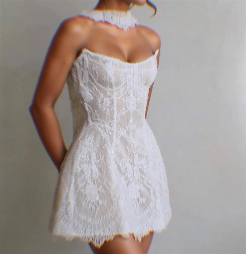 Luxury Short Lace Wedding Dresses Fish Bone Beadings Sequin Bride Dress Customized Above Knee With Scarf Mini Bridal Party Gown