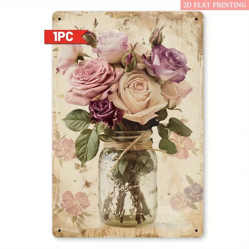 2D Flat, 2D Flat - A 2D Wall Art Piece Depicting Romantic Roses in a Mason Jar, Measuring 8x12 Inches. This Rustic Vintage Iron