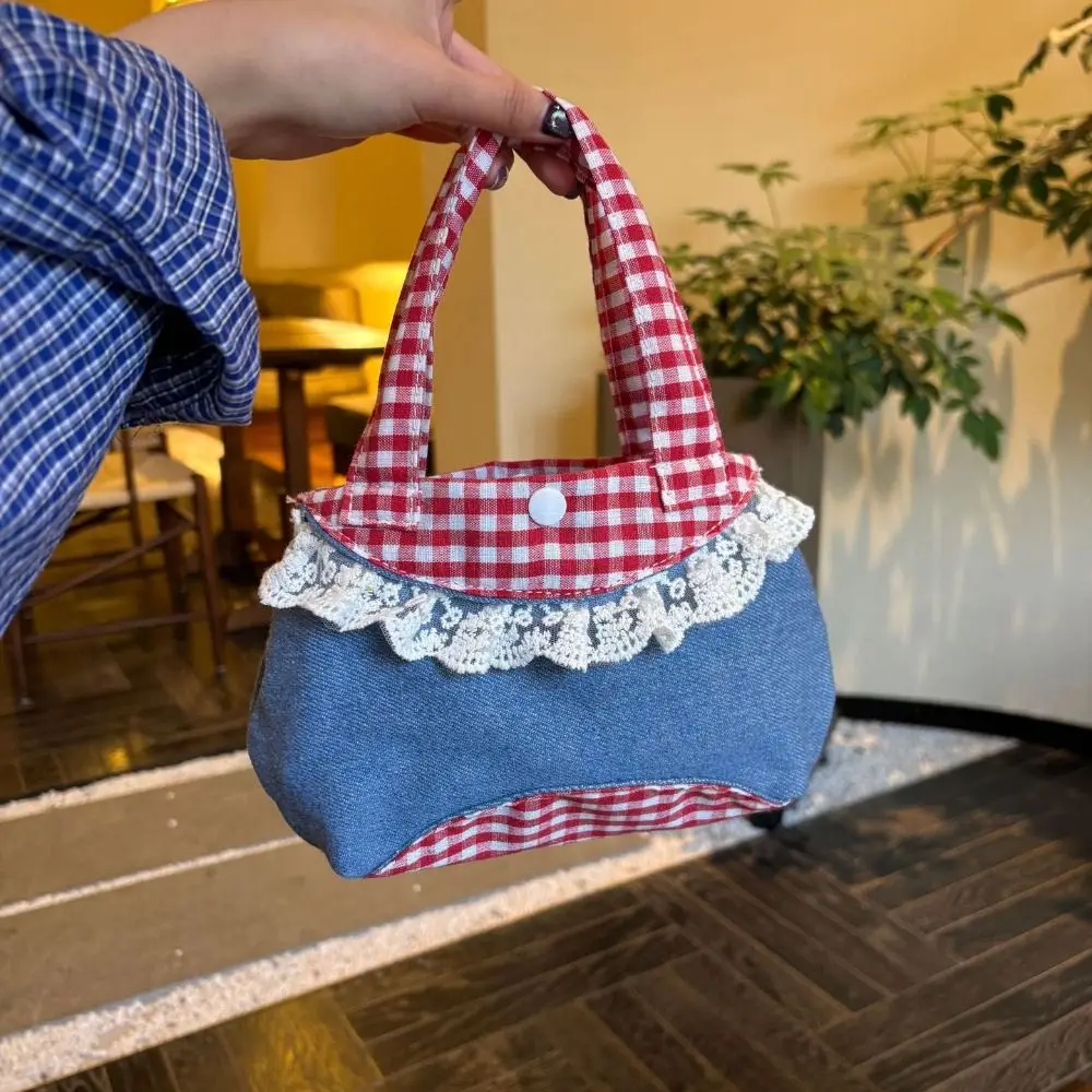 

Retro Korean Style Fresh Lace Handbag Bow Leisure Denim Plaid Handbag Lovely Sweet Cute Coin Purse Gifts