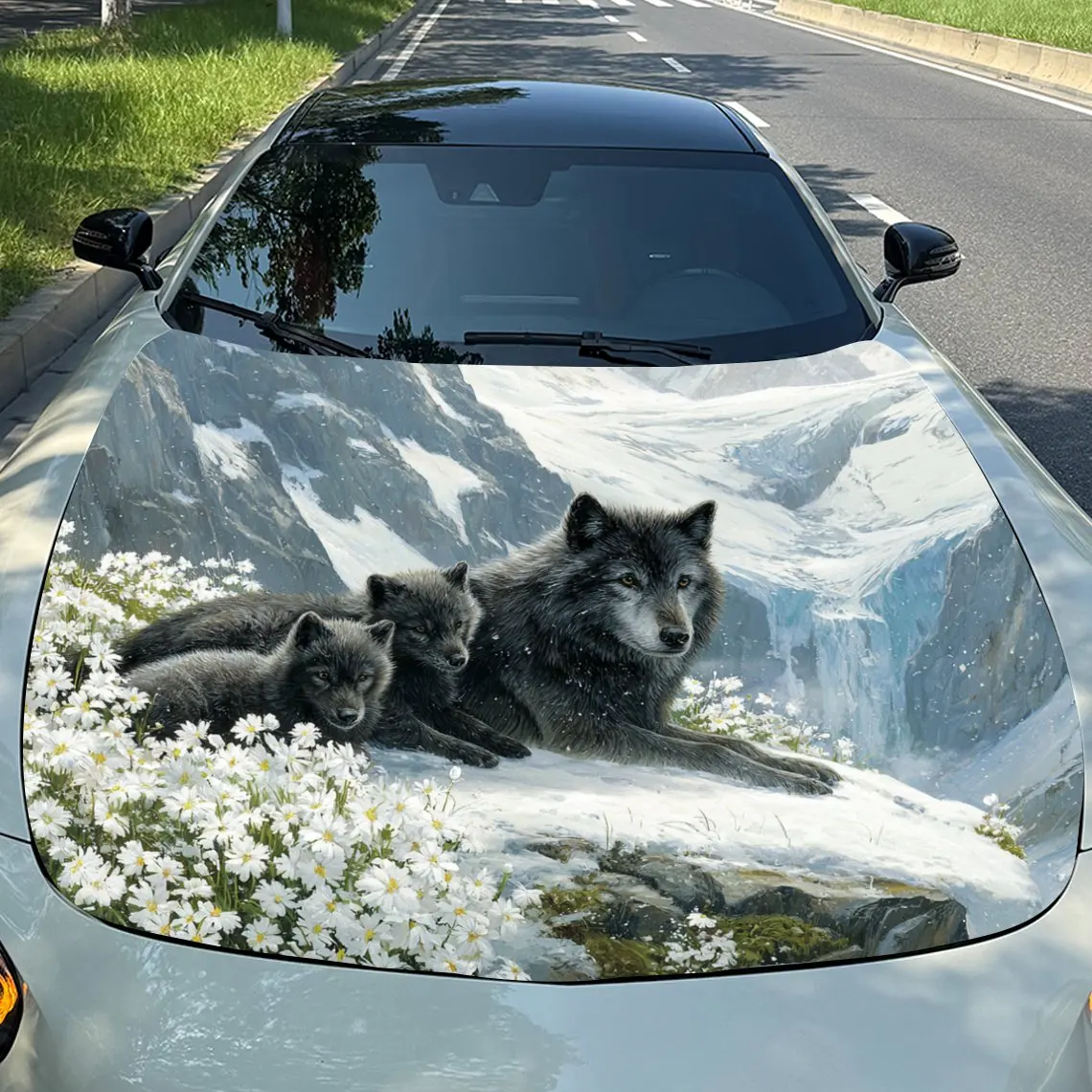 

Snow Mountain Black Wolf Car Hood Decal - Durable PVC Vinyl Wrap, Fits Most Vehicles, Waterproof & Scratch-Resistant, Easy To In