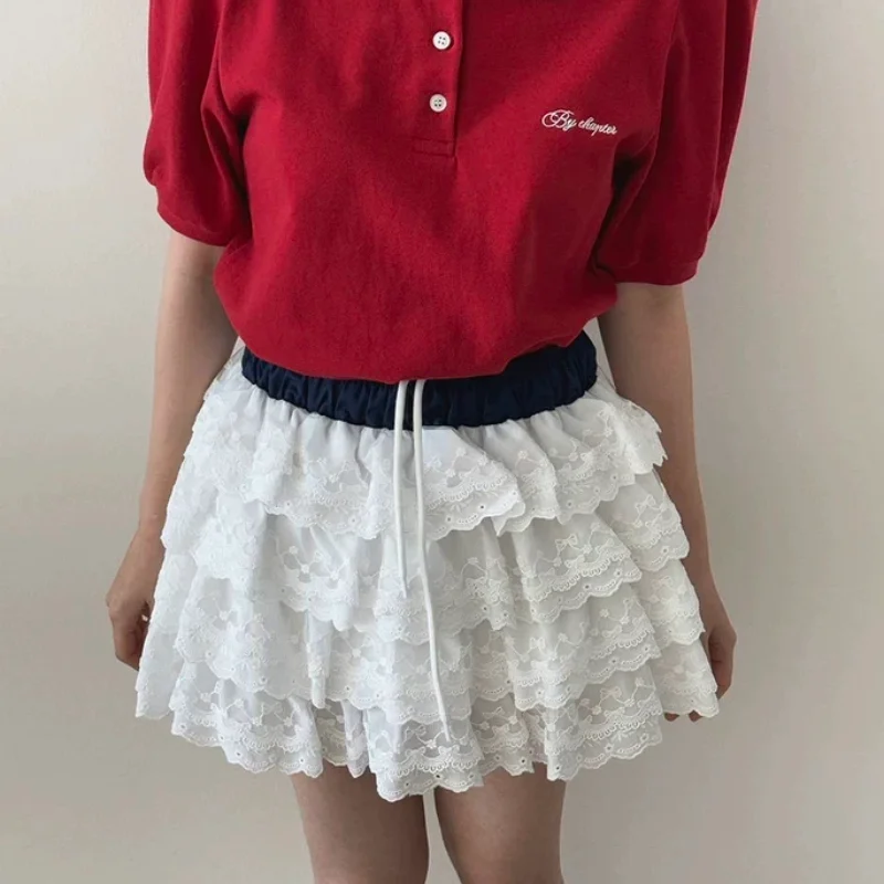 

Sweet Knot Lace Trim Heavy Embroidery Elastic Waist f Skirt Cake Skirt White Color Commute Sle Loose Fit ort...
