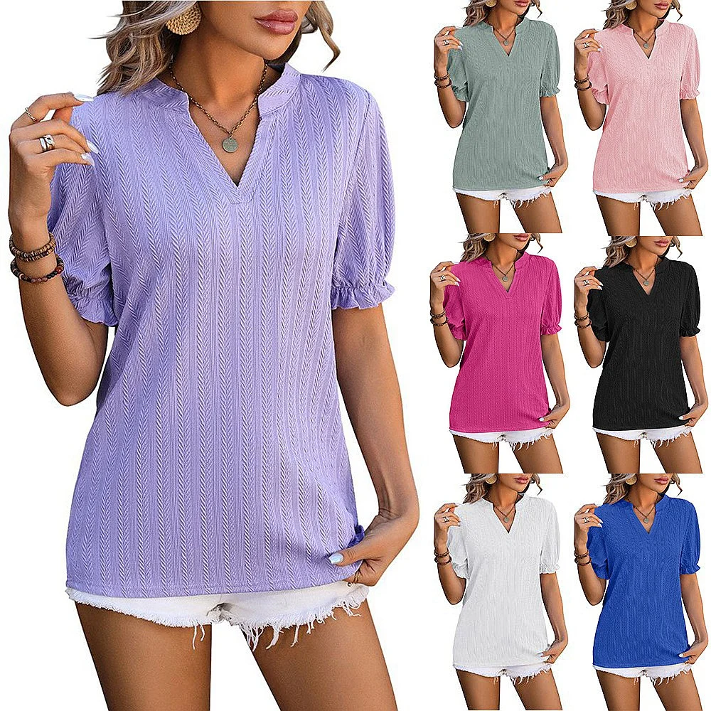 Summer Women Tee V Neck Short Sleeve Tops Blouse Solid Casual T Shirts