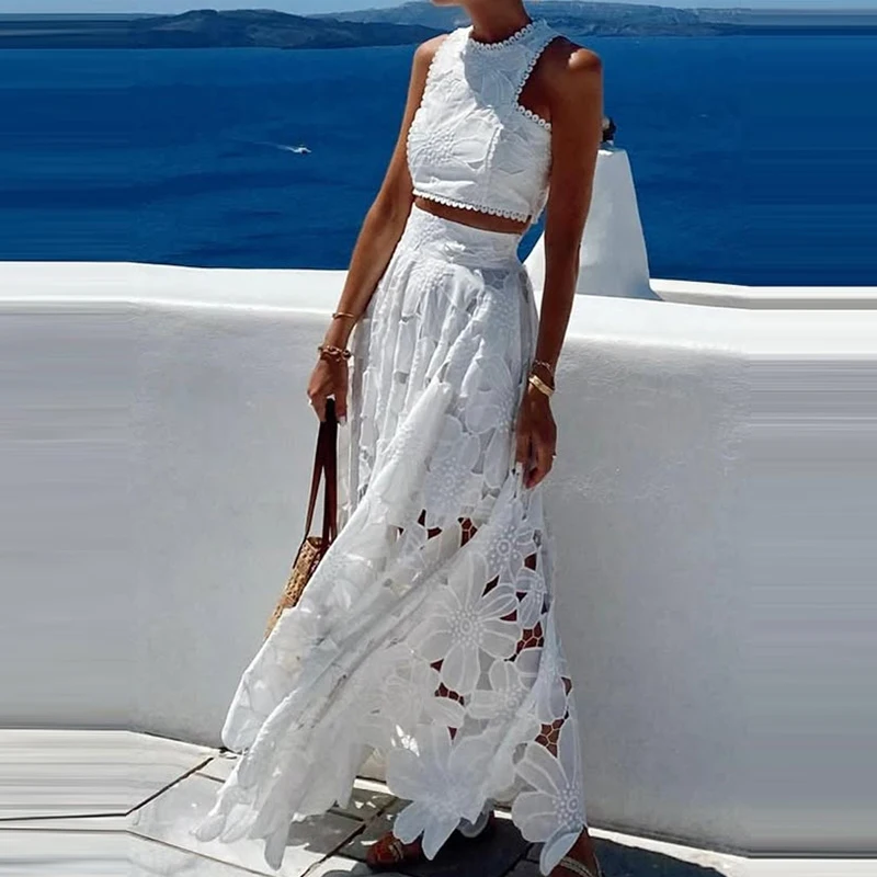 

Lace Hollow Out Halter Crop Tops & Half Skirts Sets Summer New White Commute Outfits Elegant Sleeveless High Waist Skirts Suits