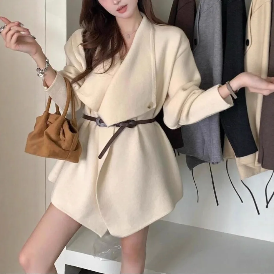 

20252025 Autumn/winter New Irregular Medium Length Knitted Sweater with Collar and Waist Design for Women's Sweater Coat Top