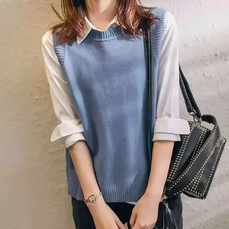 Fashion College Style Hem Three Button Sweater Knitted Vest Women Solid O Neck Sleeveless